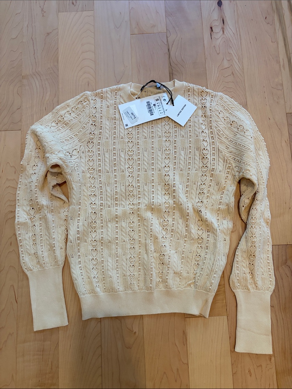 Zara Cream Open-Knit Crewneck Sweater